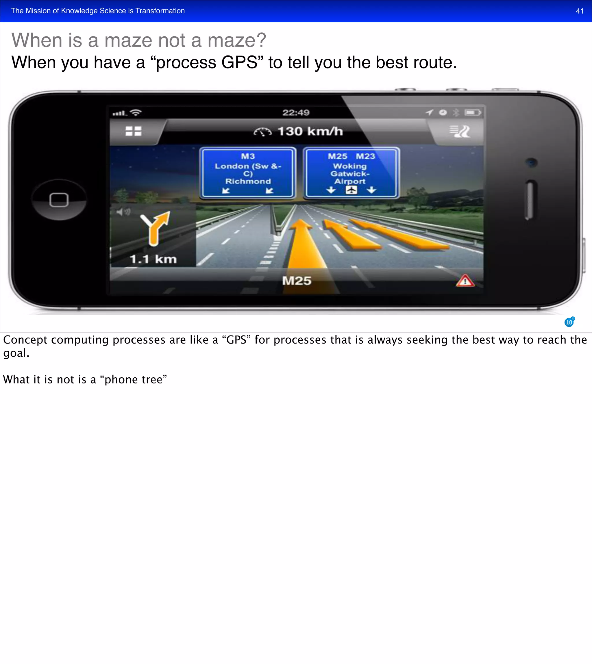 The Mission of Knowledge Science is Transformation 41
When is a maze not a maze?
When you have a “process GPS” to tell you the best route.
Concept computing processes are like a “GPS” for processes that is always seeking the best way to reach the
goal.
What it is not is a “phone tree”
 
