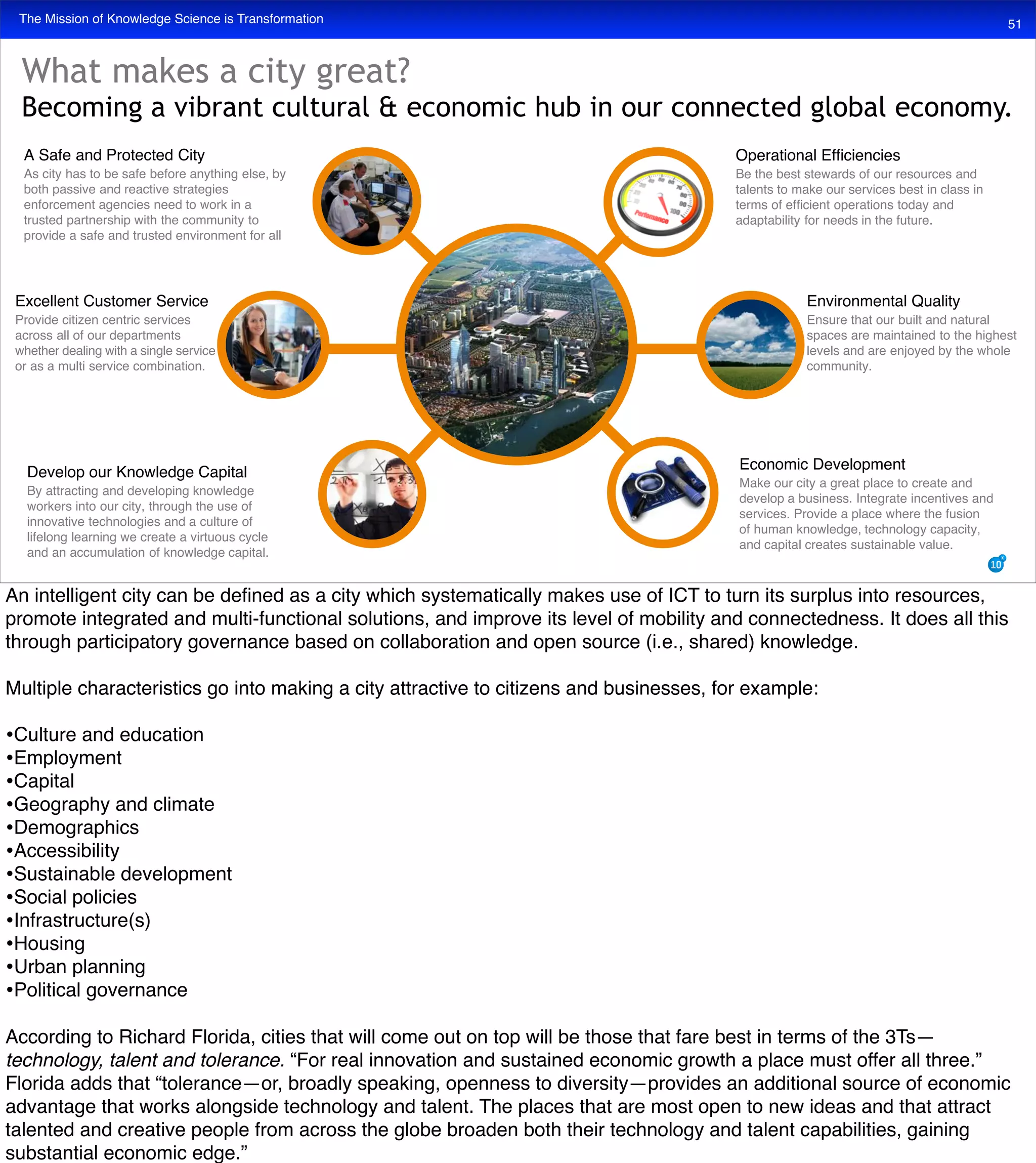The Mission of Knowledge Science is Transformation
What makes a city great?
Becoming a vibrant cultural & economic hub in our connected global economy.
51
Operational Efficiencies
Be the best stewards of our resources and
talents to make our services best in class in
terms of efficient operations today and
adaptability for needs in the future.
A Safe and Protected City
As city has to be safe before anything else, by
both passive and reactive strategies
enforcement agencies need to work in a
trusted partnership with the community to
provide a safe and trusted environment for all
Develop our Knowledge Capital
By attracting and developing knowledge
workers into our city, through the use of
innovative technologies and a culture of
lifelong learning we create a virtuous cycle
and an accumulation of knowledge capital.
Environmental Quality
Ensure that our built and natural
spaces are maintained to the highest
levels and are enjoyed by the whole
community.
Economic Development
Make our city a great place to create and
develop a business. Integrate incentives and
services. Provide a place where the fusion
of human knowledge, technology capacity,
and capital creates sustainable value.
Excellent Customer Service
Provide citizen centric services
across all of our departments
or as a multi service combination.
whether dealing with a single service
An intelligent city can be deﬁned as a city which systematically makes use of ICT to turn its surplus into resources,
promote integrated and multi-functional solutions, and improve its level of mobility and connectedness. It does all this
through participatory governance based on collaboration and open source (i.e., shared) knowledge.
Multiple characteristics go into making a city attractive to citizens and businesses, for example:
•Culture and education
•Employment
•Capital
•Geography and climate
•Demographics
•Accessibility
•Sustainable development
•Social policies
•Infrastructure(s)
•Housing
•Urban planning
•Political governance
According to Richard Florida, cities that will come out on top will be those that fare best in terms of the 3Ts—
technology, talent and tolerance. “For real innovation and sustained economic growth a place must offer all three.”
Florida adds that “tolerance—or, broadly speaking, openness to diversity—provides an additional source of economic
advantage that works alongside technology and talent. The places that are most open to new ideas and that attract
talented and creative people from across the globe broaden both their technology and talent capabilities, gaining
substantial economic edge.”
 