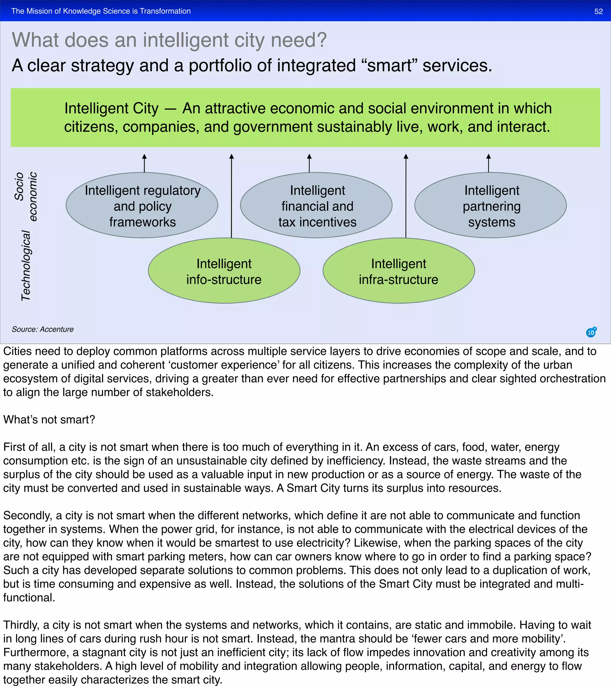 The Mission of Knowledge Science is Transformation 52
What does an intelligent city need?
A clear strategy and a portfolio of integrated “smart” services.
Source: Accenture
Intelligent regulatory
and policy
frameworks
Intelligent
financial and
tax incentives
Intelligent
info-structure
Intelligent
infra-structure
Intelligent
partnering
systems
Technological
Socio
economic
Intelligent City — An attractive economic and social environment in which
citizens, companies, and government sustainably live, work, and interact.
Cities need to deploy common platforms across multiple service layers to drive economies of scope and scale, and to
generate a uniﬁed and coherent ‘customer experience’ for all citizens. This increases the complexity of the urban
ecosystem of digital services, driving a greater than ever need for effective partnerships and clear sighted orchestration
to align the large number of stakeholders.
What’s not smart?
First of all, a city is not smart when there is too much of everything in it. An excess of cars, food, water, energy
consumption etc. is the sign of an unsustainable city deﬁned by inefﬁciency. Instead, the waste streams and the
surplus of the city should be used as a valuable input in new production or as a source of energy. The waste of the
city must be converted and used in sustainable ways. A Smart City turns its surplus into resources.
Secondly, a city is not smart when the different networks, which deﬁne it are not able to communicate and function
together in systems. When the power grid, for instance, is not able to communicate with the electrical devices of the
city, how can they know when it would be smartest to use electricity? Likewise, when the parking spaces of the city
are not equipped with smart parking meters, how can car owners know where to go in order to ﬁnd a parking space?
Such a city has developed separate solutions to common problems. This does not only lead to a duplication of work,
but is time consuming and expensive as well. Instead, the solutions of the Smart City must be integrated and multi-
functional.
Thirdly, a city is not smart when the systems and networks, which it contains, are static and immobile. Having to wait
in long lines of cars during rush hour is not smart. Instead, the mantra should be ‘fewer cars and more mobility’.
Furthermore, a stagnant city is not just an inefﬁcient city; its lack of ﬂow impedes innovation and creativity among its
many stakeholders. A high level of mobility and integration allowing people, information, capital, and energy to ﬂow
together easily characterizes the smart city.
 
