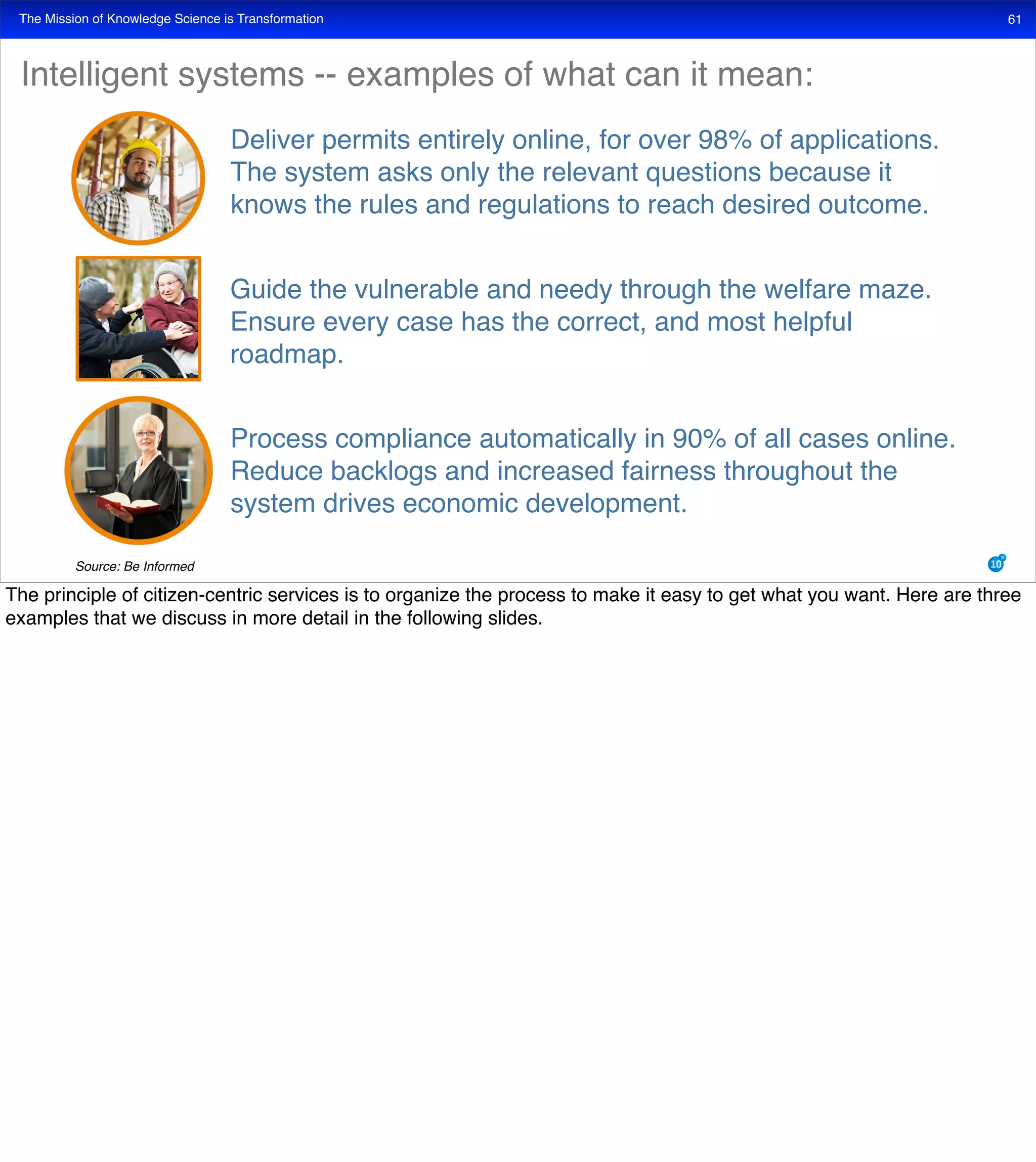 The Mission of Knowledge Science is Transformation
Deliver permits entirely online, for over 98% of applications.
The system asks only the relevant questions because it
knows the rules and regulations to reach desired outcome.
Process compliance automatically in 90% of all cases online.
Reduce backlogs and increased fairness throughout the
system drives economic development.
61
Intelligent systems -- examples of what can it mean:
Guide the vulnerable and needy through the welfare maze.
Ensure every case has the correct, and most helpful
roadmap.
Source: Be Informed
The principle of citizen-centric services is to organize the process to make it easy to get what you want. Here are three
examples that we discuss in more detail in the following slides.
 