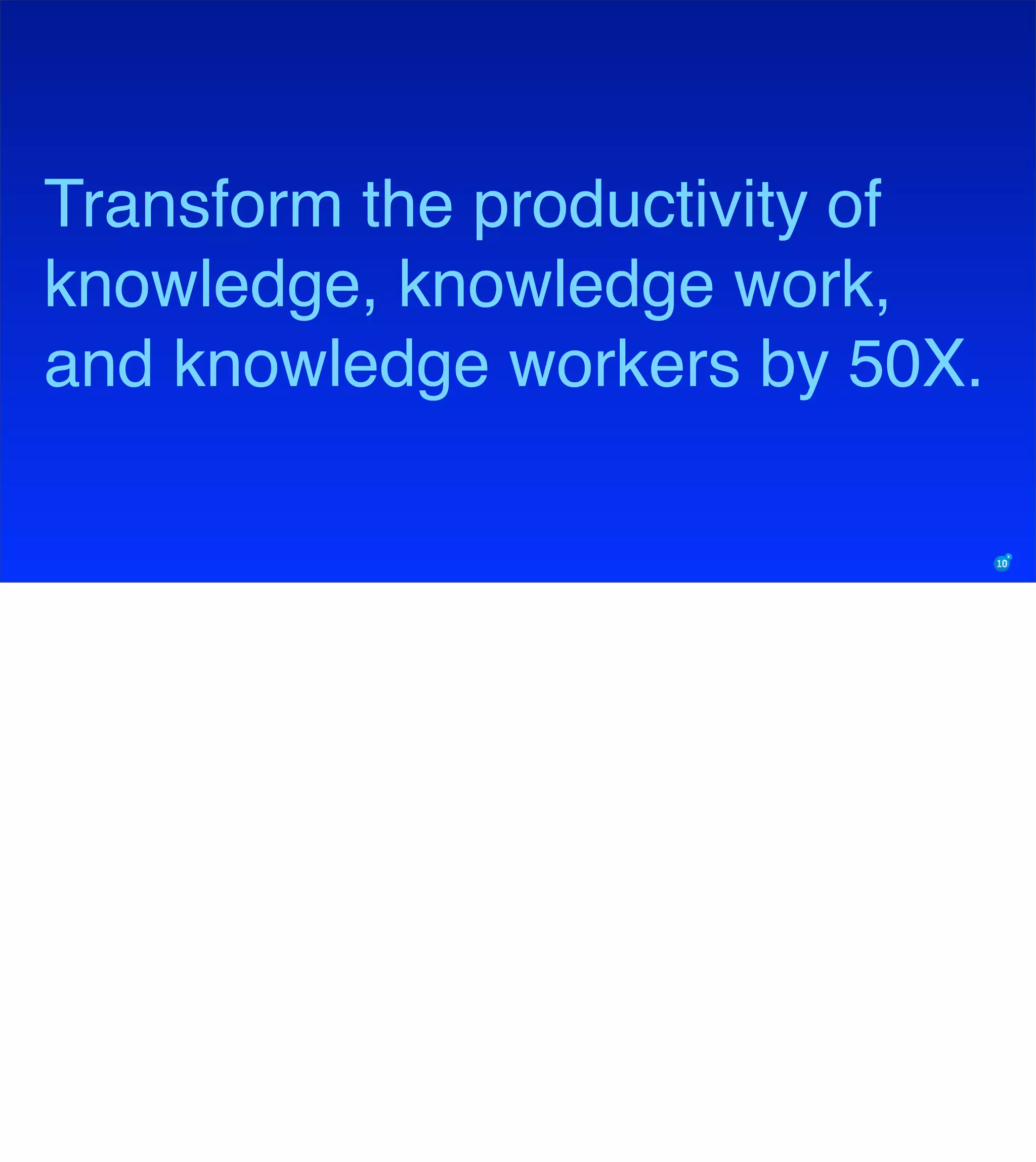 Transform the productivity of
knowledge, knowledge work,
and knowledge workers by 50X.
 