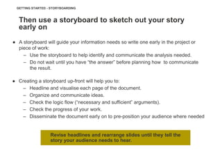 GETTING STARTED - STORYBOARDING



  Then use a storyboard to sketch out your story
  early on
● A storyboard will guide your information needs so write one early in the project or
  piece of work:
    – Use the storyboard to help identify and communicate the analysis needed.
    – Do not wait until you have ―the answer‖ before planning how to communicate
       the result.

● Creating a storyboard up-front will help you to:
   – Headline and visualise each page of the document.
   – Organize and communicate ideas.
   – Check the logic flow (―necessary and sufficient‖ arguments).
   – Check the progress of your work.
   – Disseminate the document early on to pre-position your audience where needed


                  Revise headlines and rearrange slides until they tell the
                  story your audience needs to hear.
 