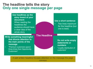 The headline tells the story
Only one single message per page
         Use headlines as the
           story board of your
           document:                                   Use a short sentence
          When reading the
           headlines the                               • Two lines maximum
           audience should have                           for the headline (but
           a clear idea of the                            one is best)
           whole story

 Write something meaningful
                                    The Headline
    that directs attention to                             Do not write empty
    the main points of the                                statements or
    message                                               numbers
 •   ―Premium customers spend
                                                      •   ―Loyalty distribution of
     three times than Opportunity
                                                          customers‖
     Customers‖


          A well written headline focuses attention on the message the page
                                        conveys

                                                                                     25
 