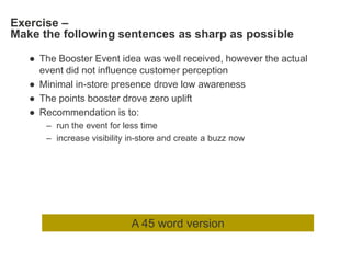 Exercise –
Make the following sentences as sharp as possible

   ● The Booster Event idea was well received, however the actual
     event did not influence customer perception
   ● Minimal in-store presence drove low awareness
   ● The points booster drove zero uplift
   ● Recommendation is to:
      – run the event for less time
      – increase visibility in-store and create a buzz now




                            A 45 word version
 