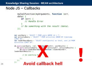 Knowledge Sharing Session - MEAN architecture 
Node JS – Callbacks 
myCoolFunction(myArguments, function (err, 
data) { 
if (err) { 
// Handle Error 
} 
// Do something with the result (data). 
}); 
var userQuery = 'SELECT * FROM users WHERE id = ?'; 
var activityQuery = 'SELECT * FROM activities ORDER BY timestamp 
LIMIT 50'; 
var leaderBoardQuery = 'SELECT count(points) as total, user_id FROM 
activities LIMIT 50'; 
db.query(userQuery, [id], function (userErr, userResults) { 
db.query(activityQuery, function (activityErr, activityResults) { 
db.query(leaderBoardQuery, X function (leaderBoardErr, 
leaderBoardResults) { 
// Do something here 
! 
}); 
}); 
}); 28 Avoid callback hell 
 