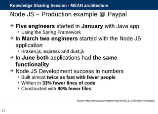 Knowledge Sharing Session - MEAN architecture 
Node JS – Production example @ Paypal 
 Five engineers started in January with Java app 
 Using the Spring Framework 
 In March two engineers started with the Node JS 
application 
 Kraken.js, express and dust.js 
 In June both applications had the same 
functionality 
 Node JS Development success in numbers 
 Built almost twice as fast with fewer people 
 Written in 33% fewer lines of code 
 Constructed with 40% fewer files 
Source: https://www.paypal-engineering.com/2013/11/22/node-js-at-paypal/ 
31 
 