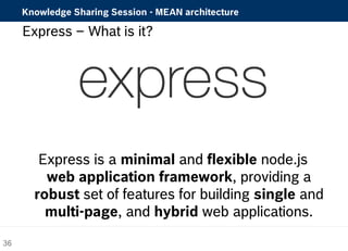 Knowledge Sharing Session - MEAN architecture 
Express – What is it? 
Express is a minimal and flexible node.js 
web application framework, providing a 
robust set of features for building single and 
multi-page, and hybrid web applications. 
36 
 