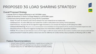 Ashitei Ashiboe-Mensah | 2019-01-24 | Movicel Angola Reselection, Mobility & Traffic Steering Audit | | Page 18
Feature Recommendations
➢ Activate Feature DCH/EUL Load Balancing (UL congested cells won’t be target of LS)
➢ Disable Feature DCH Load Sharing (Prevent Voice calls from being targeted by IFLS)
➢ Activate Feature FAJ 121 1880 HSDPA IFLS Capability and Priority Handling
Proposed 3G load sharing strategy
Overall Proposed Strategy
➢ Activate HS-IFLS (HspaLoadSharing) on all 3 WCDMA Layers
➢ Define Bi-Directional Co-Sector Coverage Relations in all WCDMA Layers
➢ Control load sharing between layers by tuning HS-IFLS parameters
▪ iflsHyst → (Lower the Hysteresis load criterion between the more loaded & the less loaded cells)
▪ hsIflsMarginUsers → (make U900 look more loaded than U2100 in reality before even starting HS-IFLS Evaluation)
▪ hsIflsThreshUsers → (Lower the HS-IFLS algorithm trigger threshold so as to increase the frequency of off-loading from U900)
▪ hsIflsSpeechMultiRabTrigg → (set to 0, so as to prevent Speech-inclusive MultiRabs from being targeted by HS-IFLS, thereby prevent possible dropped voice calls)
▪ iflsCpichEcnoThresh → Allow IFLS-triggered reconfigurations from FACH/URA to HSDPA only in good EcNo conditions
▪ iflsMode → Do not allow Up-switch Attempts to serve as HS-IFLS trigger on U900 cells towards U2100 cells (due to absence of pathloss checks during Up-switch attempts)
▪ pathlossThreshold → (make the pathloss criteria more strict for U900 than for U2100, thereby reduce probability of offloading traffic to U900)
 