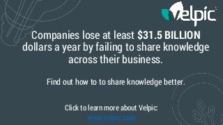 Companies lose at least $31.5 BILLION
dollars a year by failing to share knowledge
across their business.
Find out how to to share knowledge better.
Click to learn more about Velpic:
www.velpic.com
 