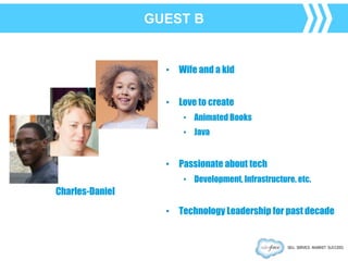 • Wife and a kid
• Love to create
• Animated Books
• Java

• Passionate about tech
• Development, Infrastructure, etc.

Charles-Daniel
• Technology Leadership for past decade

 