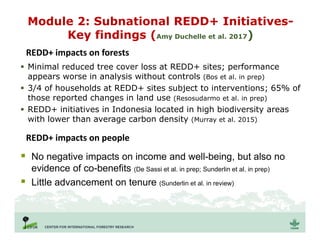 Module 2: Subnational REDD+ Initiatives-
Key findings (Amy Duchelle et al. 2017)
 Minimal reduced tree cover loss at REDD+ sites; performance
appears worse in analysis without controls (Bos et al. in prep)
 3/4 of households at REDD+ sites subject to interventions; 65% of
those reported changes in land use (Resosudarmo et al. in prep)
 REDD+ initiatives in Indonesia located in high biodiversity areas
with lower than average carbon density (Murray et al. 2015)
REDD+ impacts on forests
REDD+ impacts on people
 No negative impacts on income and well-being, but also no
evidence of co-benefits (De Sassi et al. in prep; Sunderlin et al. in prep)
 Little advancement on tenure (Sunderlin et al. in review)
 