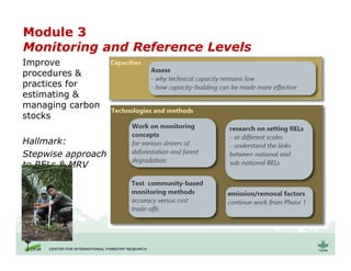 Module 3
Monitoring and Reference Levels
Improve
procedures &
practices for
estimating &
managing carbon
stocks
Hallmark:
Stepwise approach
to RELs & MRV
(considers
countries’
capacities)
 