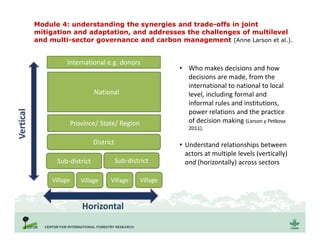 Module 4: understanding the synergies and trade-offs in joint
mitigation and adaptation, and addresses the challenges of multilevel
and multi-sector governance and carbon management (Anne Larson et al.).
Village Village Village
Sub-district
Village
Sub-district
District
Province/ State/ Region
National
International e.g. donors
Horizontal
Vertical
• Who makes decisions and how
decisions are made, from the
international to national to local
level, including formal and
informal rules and institutions,
power relations and the practice
of decision making (Larson y Petkova
2011).
• Understand relationships between
actors at multiple levels (vertically)
and (horizontally) across sectors
 