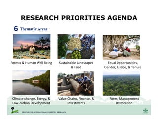 RESEARCH PRIORITIES AGENDA
Forests & Human Well Being
6 Thematic Areas :
Sustainable Landscapes
& Food
Equal Opportunities,
Gender, Justice, & Tenure
Climate change, Energy, &
Low-carbon Development
Value Chains, Finance, &
Investments
Forest Management
Restoration
 