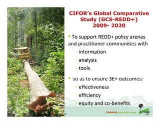THINKING beyond the canopy
CIFOR’s Global Comparative
Study (GCS-REDD+)
2009- 2020
• To support REDD+ policy arenas
and practitioner communities with
- information
- analysis
- tools
• so as to ensure 3E+ outcomes:
- effectiveness
- efficiency
- equity and co-benefits
 