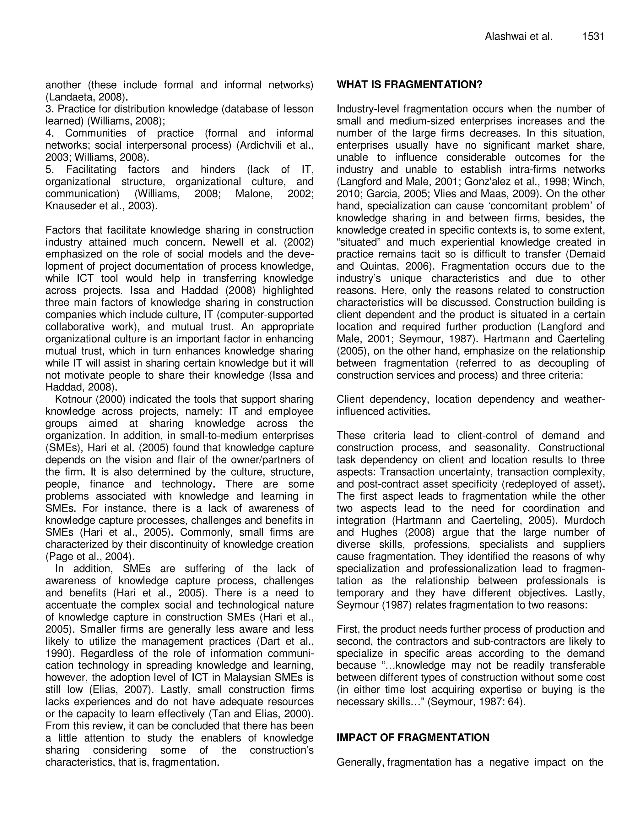 CSCM Knowledge sharing in fragmented construction industry | PDF