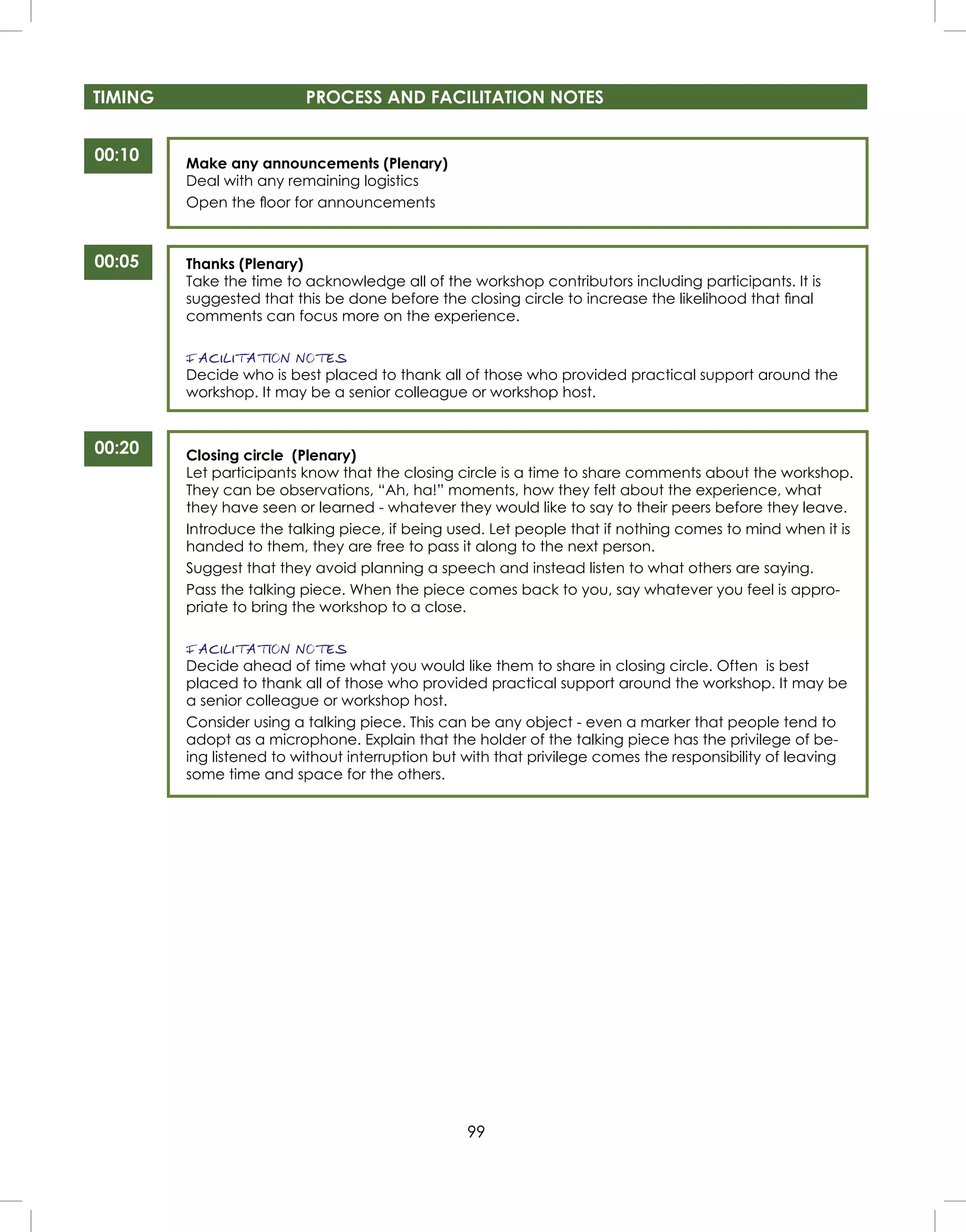 99
TIMING PROCESS AND FACILITATION NOTES
00:10
00:20
Make any announcements (Plenary)
Deal with any remaining logistics
Open the ﬂoor for announcements
Thanks (Plenary)
Take the time to acknowledge all of the workshop contributors including participants. It is
suggested that this be done before the closing circle to increase the likelihood that ﬁnal
comments can focus more on the experience.
FACILITATION NOTES
Decide who is best placed to thank all of those who provided practical support around the
workshop. It may be a senior colleague or workshop host.
Closing circle (Plenary)
Let participants know that the closing circle is a time to share comments about the workshop.
They can be observations, “Ah, ha!” moments, how they felt about the experience, what
they have seen or learned - whatever they would like to say to their peers before they leave.
Introduce the talking piece, if being used. Let people that if nothing comes to mind when it is
handed to them, they are free to pass it along to the next person.
Suggest that they avoid planning a speech and instead listen to what others are saying.
Pass the talking piece. When the piece comes back to you, say whatever you feel is appro-
priate to bring the workshop to a close.
FACILITATION NOTES
Decide ahead of time what you would like them to share in closing circle. Often is best
placed to thank all of those who provided practical support around the workshop. It may be
a senior colleague or workshop host.
Consider using a talking piece. This can be any object - even a marker that people tend to
adopt as a microphone. Explain that the holder of the talking piece has the privilege of be-
ing listened to without interruption but with that privilege comes the responsibility of leaving
some time and space for the others.
00:05
 