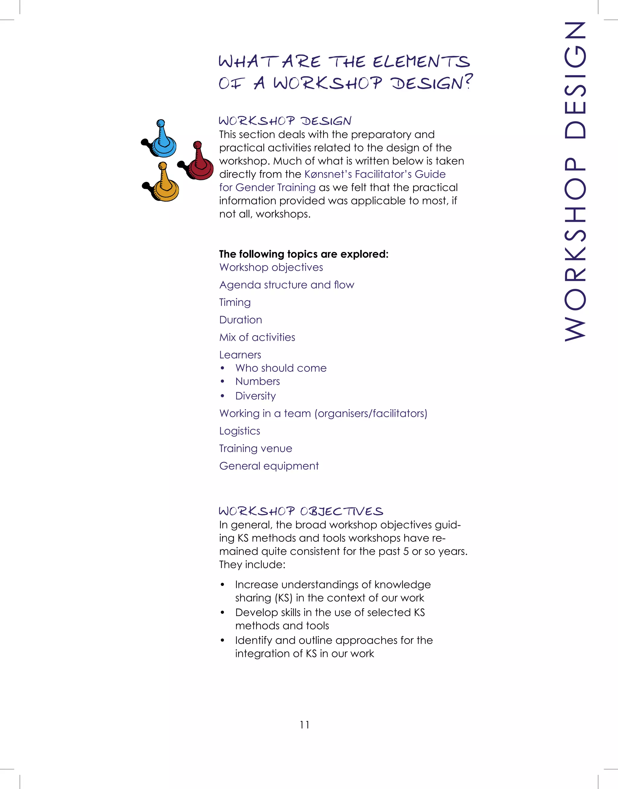 11
WORKSHOP DESIGN
This section deals with the preparatory and
practical activities related to the design of the
workshop. Much of what is written below is taken
directly from the Kønsnet’s Facilitator’s Guide
for Gender Training as we felt that the practical
information provided was applicable to most, if
not all, workshops.
The following topics are explored:
Workshop objectives
Agenda structure and ﬂow
Timing
Duration
Mix of activities
Learners
• Who should come
• Numbers
• Diversity
Working in a team (organisers/facilitators)
Logistics
Training venue
General equipment
WORKSHOP OBJECTIVES
In general, the broad workshop objectives guid-
ing KS methods and tools workshops have re-
mained quite consistent for the past 5 or so years.
They include:
• Increase understandings of knowledge
sharing (KS) in the context of our work
• Develop skills in the use of selected KS
methods and tools
• Identify and outline approaches for the
integration of KS in our work
WHAT ARE THE ELEMENTS
OF A WORKSHOP DESIGN?
WORKSHOPDESIGN
 