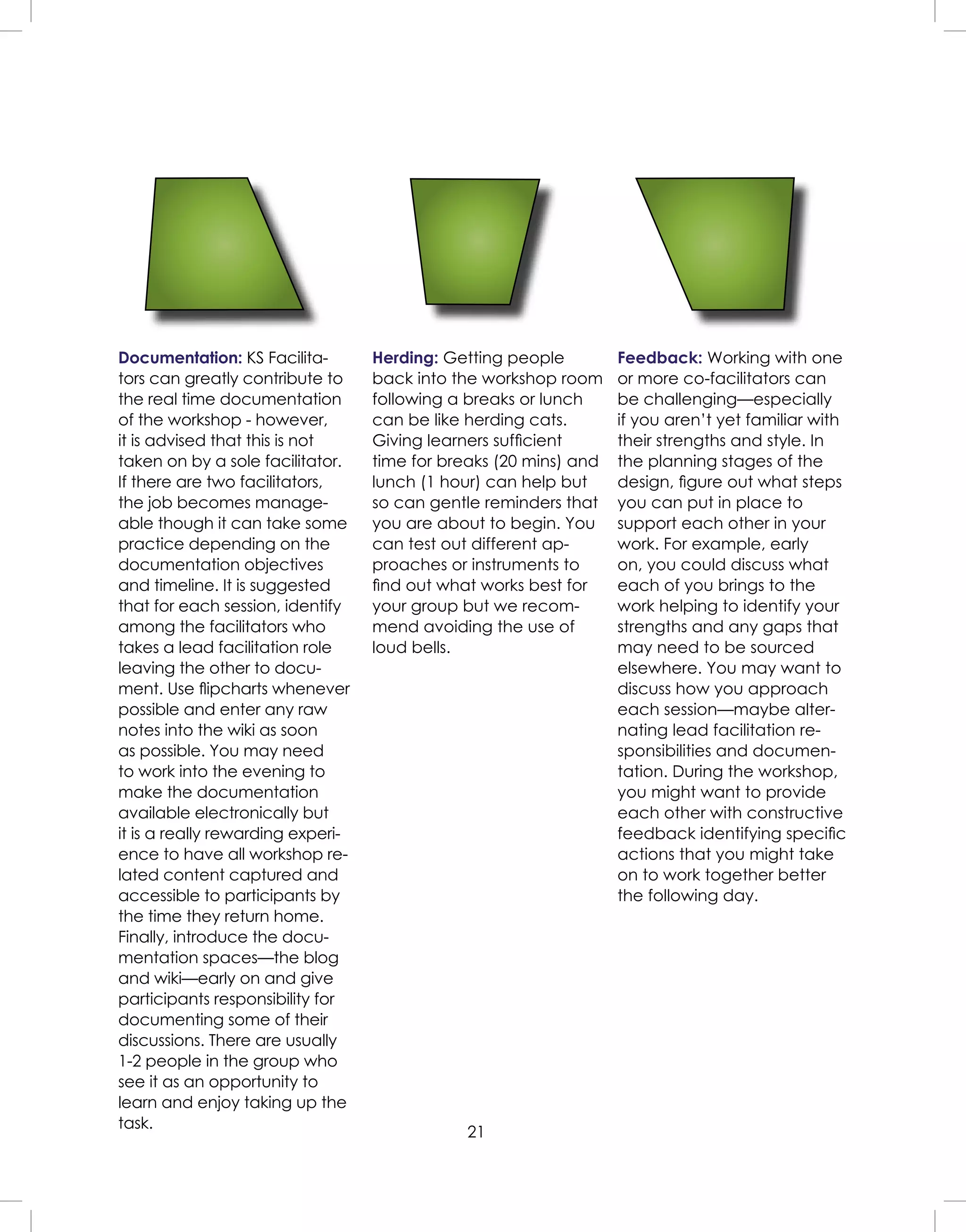 21
Documentation: KS Facilita-
tors can greatly contribute to
the real time documentation
of the workshop - however,
it is advised that this is not
taken on by a sole facilitator.
If there are two facilitators,
the job becomes manage-
able though it can take some
practice depending on the
documentation objectives
and timeline. It is suggested
that for each session, identify
among the facilitators who
takes a lead facilitation role
leaving the other to docu-
ment. Use ﬂipcharts whenever
possible and enter any raw
notes into the wiki as soon
as possible. You may need
to work into the evening to
make the documentation
available electronically but
it is a really rewarding experi-
ence to have all workshop re-
lated content captured and
accessible to participants by
the time they return home.
Finally, introduce the docu-
mentation spaces—the blog
and wiki—early on and give
participants responsibility for
documenting some of their
discussions. There are usually
1-2 people in the group who
see it as an opportunity to
learn and enjoy taking up the
task.
Herding: Getting people
back into the workshop room
following a breaks or lunch
can be like herding cats.
Giving learners sufﬁcient
time for breaks (20 mins) and
lunch (1 hour) can help but
so can gentle reminders that
you are about to begin. You
can test out different ap-
proaches or instruments to
ﬁnd out what works best for
your group but we recom-
mend avoiding the use of
loud bells.
Feedback: Working with one
or more co-facilitators can
be challenging—especially
if you aren’t yet familiar with
their strengths and style. In
the planning stages of the
design, ﬁgure out what steps
you can put in place to
support each other in your
work. For example, early
on, you could discuss what
each of you brings to the
work helping to identify your
strengths and any gaps that
may need to be sourced
elsewhere. You may want to
discuss how you approach
each session—maybe alter-
nating lead facilitation re-
sponsibilities and documen-
tation. During the workshop,
you might want to provide
each other with constructive
feedback identifying speciﬁc
actions that you might take
on to work together better
the following day.
 