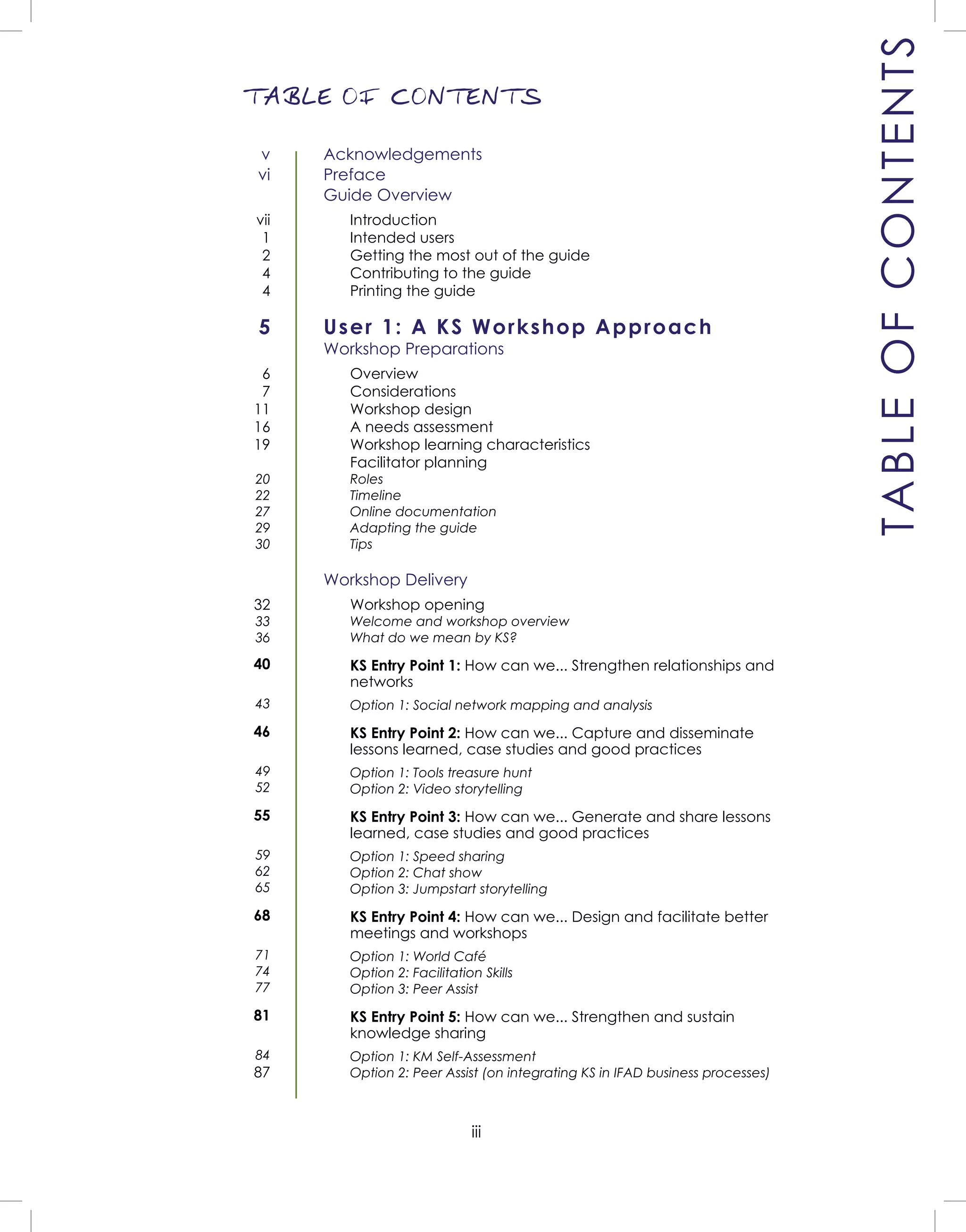 iii
TABLE OF CONTENTS
Acknowledgements
Preface
Guide Overview
Introduction
Intended users
Getting the most out of the guide
Contributing to the guide
Printing the guide
User 1: A KS Workshop Approach
Workshop Preparations
Overview
Considerations
Workshop design
A needs assessment
Workshop learning characteristics
Facilitator planning
Roles
Timeline
Online documentation
Adapting the guide
Tips
Workshop Delivery
Workshop opening
Welcome and workshop overview
What do we mean by KS?
KS Entry Point 1: How can we... Strengthen relationships and
networks
Option 1: Social network mapping and analysis
KS Entry Point 2: How can we... Capture and disseminate
lessons learned, case studies and good practices
Option 1: Tools treasure hunt
Option 2: Video storytelling
KS Entry Point 3: How can we... Generate and share lessons
learned, case studies and good practices
Option 1: Speed sharing
Option 2: Chat show
Option 3: Jumpstart storytelling
KS Entry Point 4: How can we... Design and facilitate better
meetings and workshops
Option 1: World Café
Option 2: Facilitation Skills
Option 3: Peer Assist
KS Entry Point 5: How can we... Strengthen and sustain
knowledge sharing
Option 1: KM Self-Assessment
Option 2: Peer Assist (on integrating KS in IFAD business processes)
TABLEOFCONTENTS
v
vi
vii
1
2
4
4
5
6
7
11
16
19
20
22
27
29
30
32
33
36
40
43
46
49
52
55
59
62
65
68
71
74
77
81
84
87
 