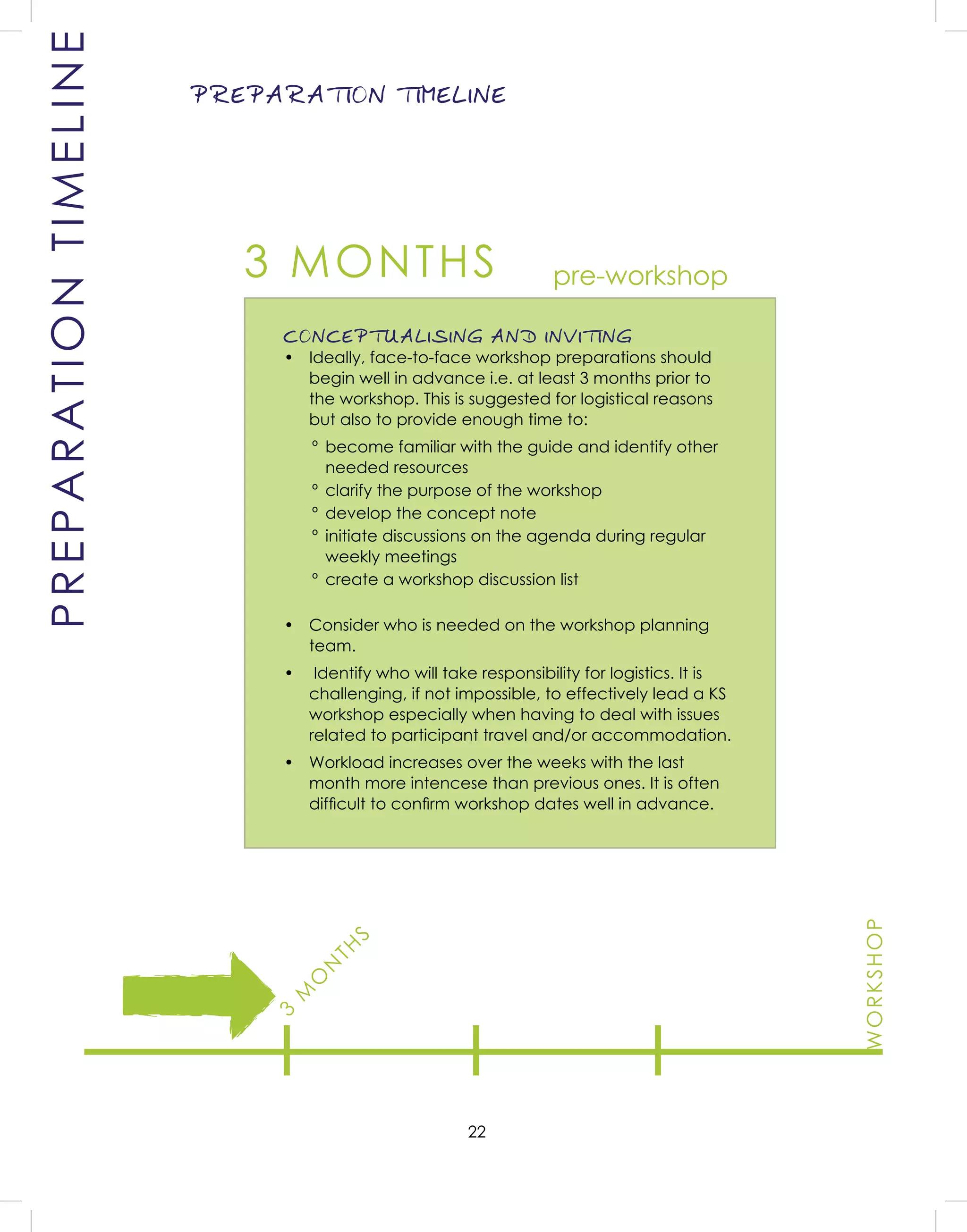 22
PREPARATION TIMELINE
CONCEPTUALISING AND INVITING
• Ideally, face-to-face workshop preparations should
begin well in advance i.e. at least 3 months prior to
the workshop. This is suggested for logistical reasons
but also to provide enough time to:
º become familiar with the guide and identify other
needed resources
º clarify the purpose of the workshop
º develop the concept note
º initiate discussions on the agenda during regular
weekly meetings
º create a workshop discussion list
• Consider who is needed on the workshop planning
team.
• Identify who will take responsibility for logistics. It is
challenging, if not impossible, to effectively lead a KS
workshop especially when having to deal with issues
related to participant travel and/or accommodation.
• Workload increases over the weeks with the last
month more intencese than previous ones. It is often
difﬁcult to conﬁrm workshop dates well in advance.
3 MONTHS
PREPARATIONTIMELINE
pre-workshop3
M
O
N
TH
S
WORKSHOP
 