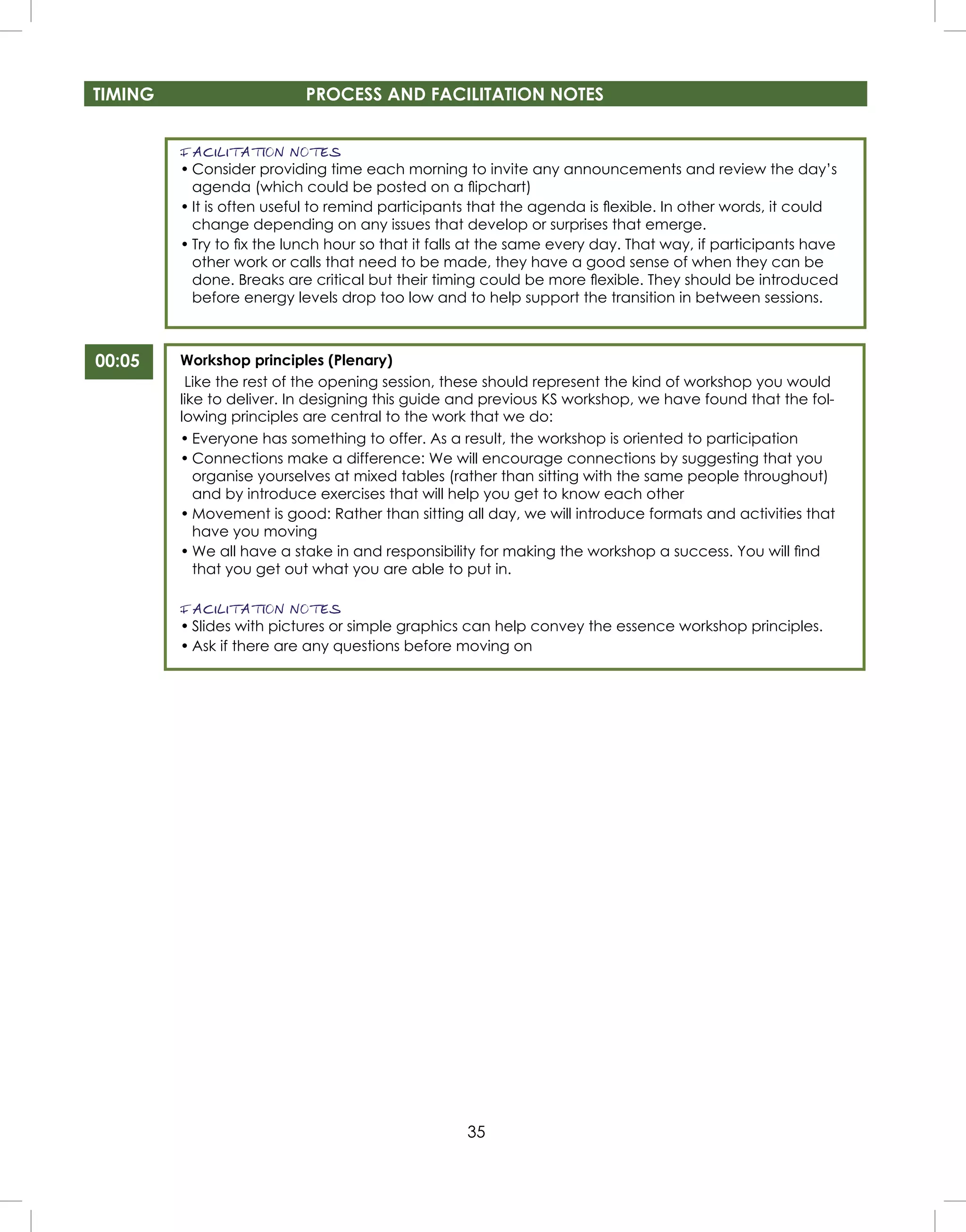 35
00:05
TIMING PROCESS AND FACILITATION NOTES
FACILITATION NOTES
• Consider providing time each morning to invite any announcements and review the day’s
agenda (which could be posted on a ﬂipchart)
• It is often useful to remind participants that the agenda is ﬂexible. In other words, it could
change depending on any issues that develop or surprises that emerge.
• Try to ﬁx the lunch hour so that it falls at the same every day. That way, if participants have
other work or calls that need to be made, they have a good sense of when they can be
done. Breaks are critical but their timing could be more ﬂexible. They should be introduced
before energy levels drop too low and to help support the transition in between sessions.
Workshop principles (Plenary)
Like the rest of the opening session, these should represent the kind of workshop you would
like to deliver. In designing this guide and previous KS workshop, we have found that the fol-
lowing principles are central to the work that we do:
• Everyone has something to offer. As a result, the workshop is oriented to participation
• Connections make a difference: We will encourage connections by suggesting that you
organise yourselves at mixed tables (rather than sitting with the same people throughout)
and by introduce exercises that will help you get to know each other
• Movement is good: Rather than sitting all day, we will introduce formats and activities that
have you moving
• We all have a stake in and responsibility for making the workshop a success. You will ﬁnd
that you get out what you are able to put in.
FACILITATION NOTES
• Slides with pictures or simple graphics can help convey the essence workshop principles.
• Ask if there are any questions before moving on
 