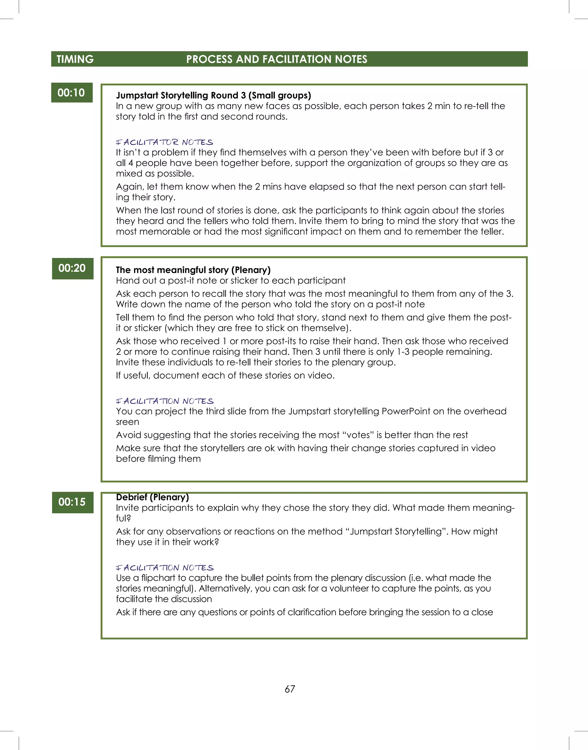 67
TIMING PROCESS AND FACILITATION NOTES
00:10
00:20
00:15
Jumpstart Storytelling Round 3 (Small groups)
In a new group with as many new faces as possible, each person takes 2 min to re-tell the
story told in the ﬁrst and second rounds.
FACILITATOR NOTES
It isn’t a problem if they ﬁnd themselves with a person they’ve been with before but if 3 or
all 4 people have been together before, support the organization of groups so they are as
mixed as possible.
Again, let them know when the 2 mins have elapsed so that the next person can start tell-
ing their story.
When the last round of stories is done, ask the participants to think again about the stories
they heard and the tellers who told them. Invite them to bring to mind the story that was the
most memorable or had the most signiﬁcant impact on them and to remember the teller.
The most meaningful story (Plenary)
Hand out a post-it note or sticker to each participant
Ask each person to recall the story that was the most meaningful to them from any of the 3.
Write down the name of the person who told the story on a post-it note
Tell them to ﬁnd the person who told that story, stand next to them and give them the post-
it or sticker (which they are free to stick on themselve).
Ask those who received 1 or more post-its to raise their hand. Then ask those who received
2 or more to continue raising their hand. Then 3 until there is only 1-3 people remaining.
Invite these individuals to re-tell their stories to the plenary group.
If useful, document each of these stories on video.
FACILITATION NOTES
You can project the third slide from the Jumpstart storytelling PowerPoint on the overhead
sreen
Avoid suggesting that the stories receiving the most “votes” is better than the rest
Make sure that the storytellers are ok with having their change stories captured in video
before ﬁlming them
Debrief (Plenary)
Invite participants to explain why they chose the story they did. What made them meaning-
ful?
Ask for any observations or reactions on the method “Jumpstart Storytelling”. How might
they use it in their work?
FACILITATION NOTES
Use a ﬂipchart to capture the bullet points from the plenary discussion (i.e. what made the
stories meaningful). Alternatively, you can ask for a volunteer to capture the points, as you
facilitate the discussion
Ask if there are any questions or points of clariﬁcation before bringing the session to a close
 