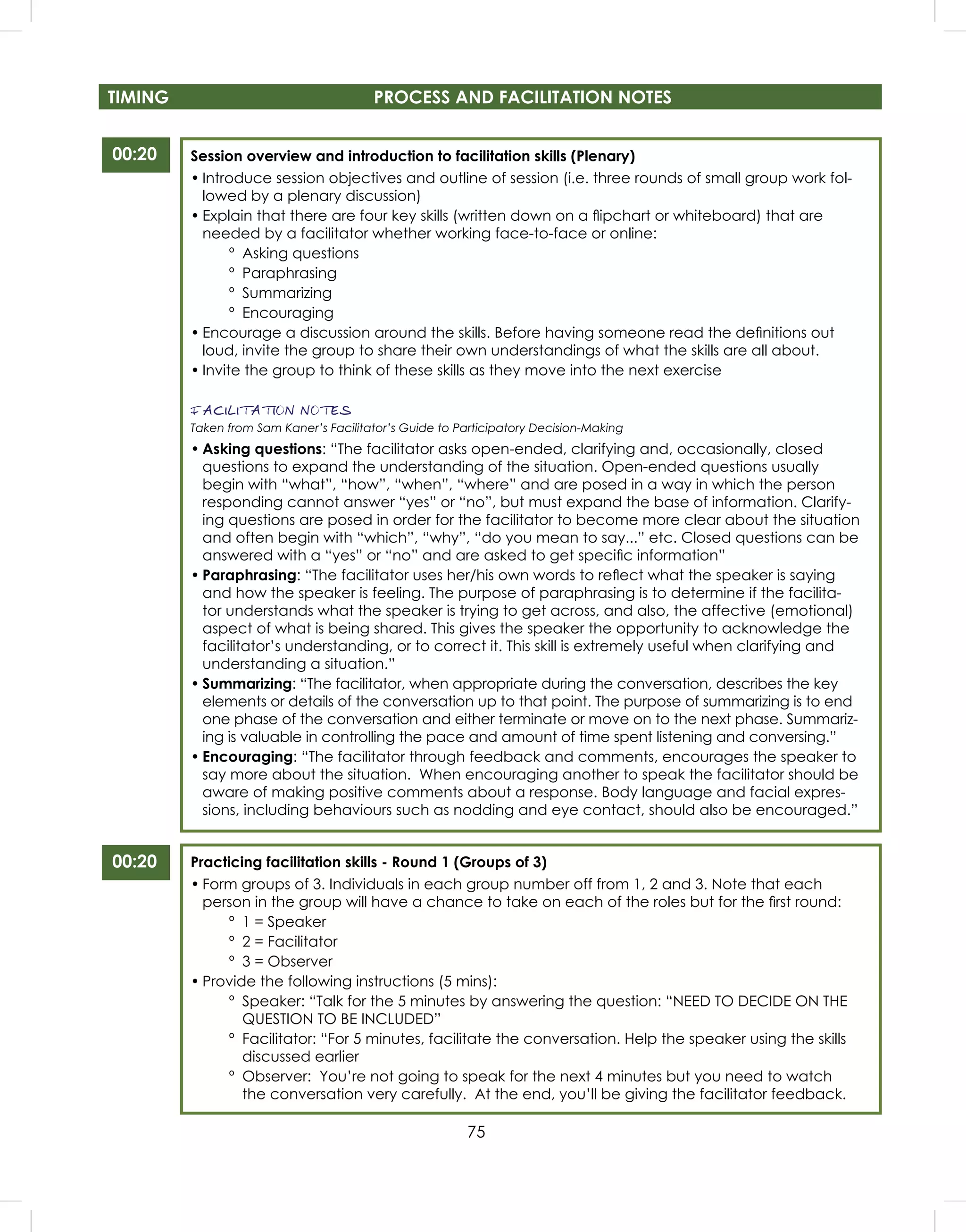 75
Session overview and introduction to facilitation skills (Plenary)
• Introduce session objectives and outline of session (i.e. three rounds of small group work fol-
lowed by a plenary discussion)
• Explain that there are four key skills (written down on a ﬂipchart or whiteboard) that are
needed by a facilitator whether working face-to-face or online:
º Asking questions
º Paraphrasing
º Summarizing
º Encouraging
• Encourage a discussion around the skills. Before having someone read the deﬁnitions out
loud, invite the group to share their own understandings of what the skills are all about.
• Invite the group to think of these skills as they move into the next exercise
FACILITATION NOTES
Taken from Sam Kaner’s Facilitator’s Guide to Participatory Decision-Making
• Asking questions: “The facilitator asks open-ended, clarifying and, occasionally, closed
questions to expand the understanding of the situation. Open-ended questions usually
begin with “what”, “how”, “when”, “where” and are posed in a way in which the person
responding cannot answer “yes” or “no”, but must expand the base of information. Clarify-
ing questions are posed in order for the facilitator to become more clear about the situation
and often begin with “which”, “why”, “do you mean to say...” etc. Closed questions can be
answered with a “yes” or “no” and are asked to get speciﬁc information”
• Paraphrasing: “The facilitator uses her/his own words to reﬂect what the speaker is saying
and how the speaker is feeling. The purpose of paraphrasing is to determine if the facilita-
tor understands what the speaker is trying to get across, and also, the affective (emotional)
aspect of what is being shared. This gives the speaker the opportunity to acknowledge the
facilitator’s understanding, or to correct it. This skill is extremely useful when clarifying and
understanding a situation.”
• Summarizing: “The facilitator, when appropriate during the conversation, describes the key
elements or details of the conversation up to that point. The purpose of summarizing is to end
one phase of the conversation and either terminate or move on to the next phase. Summariz-
ing is valuable in controlling the pace and amount of time spent listening and conversing.”
• Encouraging: “The facilitator through feedback and comments, encourages the speaker to
say more about the situation. When encouraging another to speak the facilitator should be
aware of making positive comments about a response. Body language and facial expres-
sions, including behaviours such as nodding and eye contact, should also be encouraged.”
Practicing facilitation skills - Round 1 (Groups of 3)
• Form groups of 3. Individuals in each group number off from 1, 2 and 3. Note that each
person in the group will have a chance to take on each of the roles but for the ﬁrst round:
º 1 = Speaker
º 2 = Facilitator
º 3 = Observer
• Provide the following instructions (5 mins):
º Speaker: “Talk for the 5 minutes by answering the question: “NEED TO DECIDE ON THE
QUESTION TO BE INCLUDED”
º Facilitator: “For 5 minutes, facilitate the conversation. Help the speaker using the skills
discussed earlier
º Observer: You’re not going to speak for the next 4 minutes but you need to watch
the conversation very carefully. At the end, you’ll be giving the facilitator feedback.
00:20
00:20
TIMING PROCESS AND FACILITATION NOTES
 