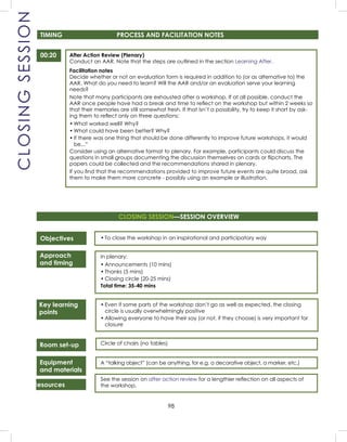 98
00:20
TIMING PROCESS AND FACILITATION NOTES
After Action Review (Plenary)
Conduct an AAR. Note that the steps are outlined in the section Learning After.
Facilitation notes
Decide whether or not an evaluation form is required in addition to (or as alternative to) the
AAR. What do you need to learn? Will the AAR and/or an evaluation serve your learning
needs?
Note that many participants are exhausted after a workshop. If at all possible, conduct the
AAR once people have had a break and time to reﬂect on the workshop but within 2 weeks so
that their memories are still somewhat fresh. If that isn’t a possibility, try to keep it short by ask-
ing them to reﬂect only on three questions:
• What worked well? Why?
• What could have been better? Why?
• If there was one thing that should be done differently to improve future workshops, it would
be...”
Consider using an alternative format to plenary. For example, participants could discuss the
questions in small groups documenting the discussion themselves on cards or ﬂipcharts. The
papers could be collected and the recommendations shared in plenary.
If you ﬁnd that the recommendations provided to improve future events are quite broad, ask
them to make them more concrete - possibly using an example or illustration.
CLOSINGSESSION
Objectives
Approach
and timing
Key learning
points
Room set-up
Equipment
and materials
Resources
• To close the workshop in an inspirational and participatory way
In plenary:
• Announcements (10 mins)
• Thanks (5 mins)
• Closing circle (20-25 mins)
Total time: 35-40 mins
• Even if some parts of the workshop don’t go as well as expected, the closing
circle is usually overwhelmingly positive
• Allowing everyone to have their say (or not, if they choose) is very important for
closure
Circle of chairs (no tables)
A “talking object” (can be anything, for e.g. a decorative object, a marker, etc.)
See the session on after action review for a lengthier reﬂection on all aspects of
the workshop.
CLOSING SESSION—SESSION OVERVIEW
 