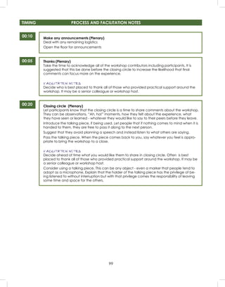 99
TIMING PROCESS AND FACILITATION NOTES
00:10
00:20
Make any announcements (Plenary)
Deal with any remaining logistics
Open the ﬂoor for announcements
Thanks (Plenary)
Take the time to acknowledge all of the workshop contributors including participants. It is
suggested that this be done before the closing circle to increase the likelihood that ﬁnal
comments can focus more on the experience.
FACILITATION NOTES
Decide who is best placed to thank all of those who provided practical support around the
workshop. It may be a senior colleague or workshop host.
Closing circle (Plenary)
Let participants know that the closing circle is a time to share comments about the workshop.
They can be observations, “Ah, ha!” moments, how they felt about the experience, what
they have seen or learned - whatever they would like to say to their peers before they leave.
Introduce the talking piece, if being used. Let people that if nothing comes to mind when it is
handed to them, they are free to pass it along to the next person.
Suggest that they avoid planning a speech and instead listen to what others are saying.
Pass the talking piece. When the piece comes back to you, say whatever you feel is appro-
priate to bring the workshop to a close.
FACILITATION NOTES
Decide ahead of time what you would like them to share in closing circle. Often is best
placed to thank all of those who provided practical support around the workshop. It may be
a senior colleague or workshop host.
Consider using a talking piece. This can be any object - even a marker that people tend to
adopt as a microphone. Explain that the holder of the talking piece has the privilege of be-
ing listened to without interruption but with that privilege comes the responsibility of leaving
some time and space for the others.
00:05
 