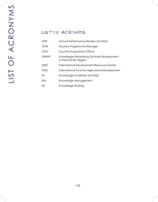 122
LISTOFACRONYMS
LIST OF ACRONYMS
APR Annual Performance Review (at IFAD)
CPM Country Programme Manager
CPO Country Programme Ofﬁcer
ENRAP Knowledge Networking for Rural Development
in Asia-Paciﬁc Region
IDRC International Development Resource Centre
IFAD International Fund for Agricultural Development
KF Knowledge Facilitator (at IFAD)
KM Knowledge Management
KS Knowledge Sharing
 
