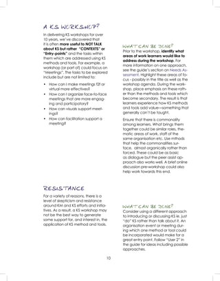10
A KS WORKSHOP?
In delivering KS workshops for over
10 years, we’ve discovered that
it is often more useful to NOT TALK
about KS but rather “CONTEXTS” or
“Entry-points” and the tasks within
them which are addressed using KS
methods and tools. For example, a
workshop (or part of) could focus on
“Meetings”. The tasks to be explored
include but are not limited to:
• How can I make meetings f2f or
virtual more effectives?
• How can I organize face-to-face
meetings that are more engag-
ing and participatory?
• How can visuals support meet-
ings?
• How can facilitation support a
meeting?
WHAT CAN BE DONE?
Prior to the workshop, identify what
areas of work learners would like to
address during the workshop. For
more information on one approach,
see the guide’s section on Needs As-
sessment. Highlight these areas of fo-
cus - possibly in the title as well as the
workshop agenda. During the work-
shop, place emphasis on these rath-
er than the methods and tools which
become secondary. The result is that
learners experience how KS methods
and tools add value—something that
generally can’t be taught.
Ensure that there is commonality
among learners. What brings them
together could be similar roles, the-
matic areas of work, staff of the
same organisation etc. Use mthods
that help the commonalities sur-
face, almost organically rather than
forced. These could be as basic
as dialogue but the peer assist ap-
proach also works well. A brief online
discussion pre-workshop could also
help work towards this end.
RESISTANCE
For a variety of reasons, there is a
level of skepticism and resistance
around KM and KS efforts and initia-
tives. As a result, a KS workshop may
not be the best way to generate
some support for, and interest in, the
application of KS method and tools.
WHAT CAN BE DONE?
Consider using a different approach
to introducing or discussing KS ie. just
“do” KS rather than talk about it. An
organisation event or meeting dur-
ing which one method or tool could
be incorporated would make for a
great entry point. Follow “User 2” in
the guide for ideas including possible
approaches.
 