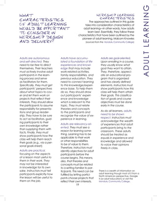 19
WORKSHOP LEARNING
CHARACTERISTICS
The approaches outlined in this guide
take into consideration characteristics of
adult learning—in other words, how adults
learn best. Essentially, they follow these
characteristics that have been outlined by the
pioneer of adult learning, Malcom Knowles
(sourced from the Honolulu Community College)
WHAT
CHARACTERISTICS
OF ADULT LEARNING
WOULD BE IMPORTANT
TO CONSIDER IN
WORKSHOP DESIGN
AND DELIVERY?
Adults are autonomous
and self-directed. They
need to be free to direct
themselves. Their teachers
must actively involve adult
participants in the learn-
ing process and serve
as facilitators for them.
Speciﬁcally, they must get
participants’ perspectives
about what topics to cov-
er and let them work on
projects that reﬂect their
interests. They should allow
the participants to assume
responsibility for presenta-
tions and group leader-
ship. They have to be sure
to act as facilitators, guid-
ing participants to their
own knowledge rather
than supplying them with
facts. Finally, they must
show participants how the
class will help them reach
their goals (e.g., via a per-
sonal goals sheet).
Adults have accumu-
lated a foundation of life
experiences and knowl-
edge that may include
work-related activities,
family responsibilities, and
previous education. They
need to connect learning
to this knowledge/experi-
ence base. To help them
do so, they should draw
out participants’ experi-
ence and knowledge
which is relevant to the
topic. They must relate
theories and concepts
to the participants and
recognize the value of ex-
perience in learning.
Adults are goal-oriented.
Upon enrolling in a course,
they usually know what
goal they want to attain.
They, therefore, appreci-
ate an educational pro-
gram that is organized
and has clearly deﬁned
elements. Instructors must
show participants how this
class will help them attain
their goals. This classiﬁca-
tion of goals and course
objectives must be done
early in the course.
Adults are relevancy-ori-
ented. They must see a
reason for learning some-
thing. Learning has to be
applicable to their work
or other responsibilities
to be of value to them.
Therefore, instructors must
identify objectives for adult
participants before the
course begins. This means,
also, that theories and
concepts must be related
to a setting familiar to par-
ticipants. This need can be
fulﬁlled by letting partici-
pants choose projects that
reﬂect their own interests.
Adults are practical,
focusing on the aspects
of a lesson most useful to
them in their work. They
may not be interested
in knowledge for its own
sake. Instructors must tell
participants explicitly how
the lesson will be useful to
them on the job.
As do all learners, adults
need to be shown
respect. Instructors must
acknowledge the wealth
of experiences that adult
participants bring to the
classroom. These adults
should be treated as
equals in experience and
knowledge and allowed
to voice their opinions
freely in class.
There is a wealth of information on
adult learning though most of it from a
North American perspective. Google
it (or adult education) or visit the
Honolulu Community College.
ADULTLEARNING
 