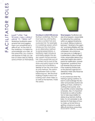 20
Focusing on content AND process:
During a workshop, the hats
most worn by a KS facilita-
tor are a content hat and
a process hat. For example,
in a workshop session which
introduces the chat show
as an alternative method
to panel presentations, a
facilitator might introduce
and brieﬂy explain the ses-
sion wearin his/her process
hat. S/he would then put on
a content hat to host of the
show and switch back to the
process hat to facilitate a
debrief of the the chat show
as a KS method. The switch-
ing between hats is a ﬁne
balancing act. We ﬁnd that
making it explicit which hat
is being worn when helps us,
as well as the learners, make
the switch.
WHAT ARE THE
ROLES I WILL LIKELY
HAVE TO TAKE ON?
Workshop facilitators wear
several hats and juggling
them can sometimes be a
difﬁcult act. At the start of
the workshop, it is helpful to
acknowledge your roles. At
the same time, you could in-
vite learners to help you de-
liver on these roles by taking
some of them on themselves.
Time keepers: Facilitators are
also time keepers—responsible
for delivering the workshop
within an agreed timeframe.
As a result, striking a balance
between “sticking to the agen-
da” and being ﬂexible with the
schedule to allow for inevitable
unforeseen circumstances
can become a challenge. It
is preferable to allow for legiti-
mate, reasonable delays (e.g.
extended helpful discussions,
points for clariﬁcation, answer-
ing learners’ questions) than
rush learners because even
if the workshop ﬁnishes late
or the planned agenda isn’t
delivered, there will at least be
quality learning.
In circumstances when the
training is going overtime, it’s
best to acknowledge the situ-
ation and provide solutions for
getting on track, whether it’s
working more quickly, revis-
ing activities and/or adapting
schedules. Also, it’s important
for learners as well as facilita-
tors to take responsibility for
delays (e.g. learners starting
late). It is not advisable to ask
learners for their ideas of how
to make up for lost time as
getting consensus is usually
difﬁcult and time consuming.
(Source: Kønsnet - Gender)
FACILITATORROLES
 