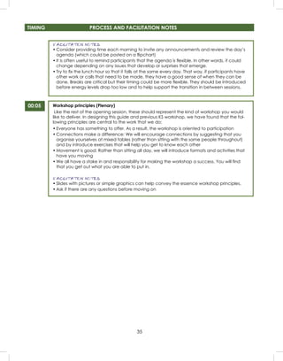 35
00:05
TIMING PROCESS AND FACILITATION NOTES
FACILITATION NOTES
• Consider providing time each morning to invite any announcements and review the day’s
agenda (which could be posted on a ﬂipchart)
• It is often useful to remind participants that the agenda is ﬂexible. In other words, it could
change depending on any issues that develop or surprises that emerge.
• Try to ﬁx the lunch hour so that it falls at the same every day. That way, if participants have
other work or calls that need to be made, they have a good sense of when they can be
done. Breaks are critical but their timing could be more ﬂexible. They should be introduced
before energy levels drop too low and to help support the transition in between sessions.
Workshop principles (Plenary)
Like the rest of the opening session, these should represent the kind of workshop you would
like to deliver. In designing this guide and previous KS workshop, we have found that the fol-
lowing principles are central to the work that we do:
• Everyone has something to offer. As a result, the workshop is oriented to participation
• Connections make a difference: We will encourage connections by suggesting that you
organise yourselves at mixed tables (rather than sitting with the same people throughout)
and by introduce exercises that will help you get to know each other
• Movement is good: Rather than sitting all day, we will introduce formats and activities that
have you moving
• We all have a stake in and responsibility for making the workshop a success. You will ﬁnd
that you get out what you are able to put in.
FACILITATION NOTES
• Slides with pictures or simple graphics can help convey the essence workshop principles.
• Ask if there are any questions before moving on
 