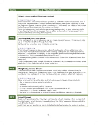 45
TIMING PROCESS AND FACILITATION NOTES
00:45
00:15
00:10
Network connections (Individual work) continued
FACILITATION NOTES
Participants don’t often reﬂect on these questions as part of the homework exercise. Even if
they have, the additional 10 - 15 minutes are often used by participants continuing to work
on their maps. Gauge how much time is needed and if participants are talking to each other
rather than working independently, consider moving on.
Some participants may belong to the same organisation/project so have only one map to
share. You might want to encourage them to reﬂect for themselves then compare their re-
sponses rather than answering them together.
Sharing network maps (Small groups)
Invite participants to form small groups (up to 5 maps). Ask each person in the group to take
up to 10 mins to walk others through their map.
Let them know when they have 10 minutes remaining.
FACILITATION NOTES
The sharing of maps generally generate substantive discussion without guidance or inter-
ruption from the facilitators especially when workshop participants are part of each others
networks. If conversation isn’t ﬂowing so well, suggest a question or two to generate conver-
sation such as “What do people ﬁnd surprising and why?”.
Consider grouping participants who have created maps based on a project or activity that
are similar.
Some groups work quickly through this exercise. Consider a second or even third round where
participants share their maps with in a new group of 5.
Strengthening networks (Plenary)
Ask participants to take a minute or two to think about ways in which networks could be
strengthened. These could be ideas and approaches they have either seen work or think could
contribute. Invite participants to share the ideas, which are noted on a ﬂipchart, in plenary.
FACILITATION NOTES
Ideas for strengthening relationships and networks suggested by participants include:
• Get to know each other better face-to-face
• Socialise
• Acknowledge the strengths within the group
• Include tasks and responsibilities in TORs for key network people ie. KFs
• Strengthen capacities via workshops, meetings etc.
• Find ways to motivate people ie. provide incentives, demonstrate value, engage people
Debrief (Plenary)
Explore with participants how they might use this social network mapping in their own context.
Provide the story which illustrates the application of the ENRAP supported SNA across IFAD’s
Asia & Paciﬁc Division.
Ask if there are any questions or points of clariﬁcation before bringing the session to a close.
 