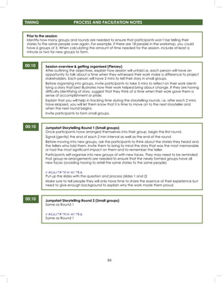 66
TIMING PROCESS AND FACILITATION NOTES
00:10
00:10
Prior to the session:
Identify how many groups and rounds are needed to ensure that participants won’t be telling their
stories to the same people over again. For example, if there are 18 people in the workshop, you could
have 6 groups of 3. When calculating the amount of time needed for the session, include at least a
minute or two for new groups to form.
00:10
Session overview & getting organised (Plenary)
After outlining the objectives, explain how session will unfold i.e. each person will have an
opportunity to talk about a time when they witnessed their work make a difference to project
stakeholders. Each person will have 2 mins to tell their story in small groups.
Before organising into groups, invite participants to take 5 mins to reﬂect on their work identi-
fying a story that best illustrates how their work helped bring about change. If they are having
difﬁculty identifying of story, suggest that they think of a time when their work gave them a
sense of accomplishment or pride.
Explain that you will help in tracking time during the storytelling rounds, i.e. after each 2 mins
have elapsed, you will let them know that it is time to move on to the next storyteller and
when the next round begins.
Invite participants to form small groups.
Jumpstart Storytelling Round 1 (Small groups)
Once participants have arranged themselves into their group, begin the ﬁrst round.
Signal (gently) the end of each 2 min interval as well as the end of the round
Before moving into new groups, ask the participants to think about the stories they heard and
the tellers who told them. Invite them to bring to mind the story that was the most memorable
or had the most signiﬁcant impact on them and to remember the teller.
Participants self-organise into new groups of with new faces. They may need to be reminded
that group re-arrangements are needed to ensure that the newly formed groups have all
new faces (avoiding having to retell the same stories to the same people)
FACILITATION NOTES
Put up the slides with the question and process (slides 1 and 2)
Make sure to tell people they will only have time to share the essence of their experience but
need to give enough background to explain why the work made them proud
Jumpstart Storytelling Round 2 (Small groups)
Same as Round 1
FACILITATION NOTES
Same as Round 1
 