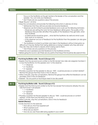 76
Focus on the facilitator as though he/she is the leader of the conversation and the
speaker. You can note your feedback.
º Ask if there are any questions about the process
• Begin Round 1 (4 mins)
• Stop the conversations and provide the following instructions in plenary (5 mins):
º Tell learners that they will now provide and receive feedback.
º Observers are ﬁrst invited to provide feedback and could use the following reminders:
- Observers are setting the norm for how feedback will be given. The quality of the
feedback they provide will affect the quality of the feedback they get later, when
they facilitate
- A balanced list should be given... what did the facilitator do well and what could
they work on to improve.
- If the observer runs out of feedback for the facilitator then the speaker can also give
feedback.
º The facilitator is invited to just listen and take in the feedback without interruption as
difﬁcult as it may be. Rather than being defensive or trying to explain why they did what
they did, they are invited to absorb what is being said to them.
º Ask if there are any questions on the process
• Observers (and speakers) provide feedback to the facilitator (4 mins)
• Before going into round 2, ask if there are any points of technique that should be discussed (4 mins)
Practicing facilitation skills - Round 2 (Groups of 3)
• Explain that the second round is similar to the ﬁrst except new roles are assigned: Number 2
is now the facilitator; 3 is the speaker and 1 is the observer:
º 1 = Observer
º 2 = Facilitator
º 3 = Speaker
• Provide a question for the speaker to discuss: “XXX - could be process or content related”.
Remind the groups that they have 5 mins to discuss
• After 5 minutes, stop the conversations. Remind the groups how effective feedback can be
provided. Give 5 mins for feedback
• Debrief: “Do any points of technique need to be discussed?
Practicing facilitation skills - Round 3 (Groups of 3)
• Explain that the third round is similar to the ﬁrst two except that everyone will play the one
role that haven’t yet played:
º 1 = Facilitator
º 2 = Speaker
º 3 = Observer
• Provide a question for the last speaker to discuss: “XXX - could be process or content
related”. Invite them into the ﬁnal 5 min round
• After 5 minutes, stop the conversations. Give 5 mins for feedback
Debrief (Plenary)
• Invite reactions to the exercise:
º How did you ﬁnd that experience?
º What surprised you?
º What did you learn?
º How do you see these skills being applied in your work?
00:15
TIMING PROCESS AND FACILITATION NOTES
00:12
 