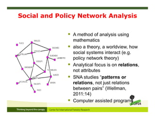Social and Policy Network Analysis
 A method of analysis using
mathematics
 also a theory, a worldview, how
social systems interact (e.g.
policy network theory)
 Analytical focus is on relations,
not attributes
 SNA studies “patterns or
relations, not just relations
between pairs” (Wellman,
2011:14)
 Computer assisted programs
 