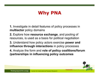 THINKING beyond the canopy
Why PNA
1. Investigate in detail features of policy processes in
multiactor policy domains
2. Explore how resource exchange, and pooling of
resources, is used as a basis for political negotiation
3. Understand how policy actors exercise power and
influence through interactions in policy processes
4. Analyze the form and role of policy coalitions/forum
/partnerships in influencing policy outcomes
 