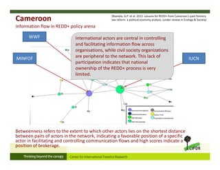 Cameroon
Information flow in REDD+ policy arena
Betweenness refers to the extent to which other actors lies on the shortest distance 
between pairs of actors in the network, indicating a favorable position of a specific 
actor in facilitating and controlling communication flows and high scores indicate a 
position of brokerage.
Dkamela, G.P. et al. 2013. Lessons for REDD+ from Cameroon’s past forestry 
law reform: a political economy analysis. (under review in Ecology & Society)
IUCNMINFOF
WWF International actors are central in controlling 
and facilitating information flow across 
organisations, while civil society organizations 
are peripheral to the network. This lack of 
participation indicates that national 
ownership of the REDD+ process is very 
limited. 
 