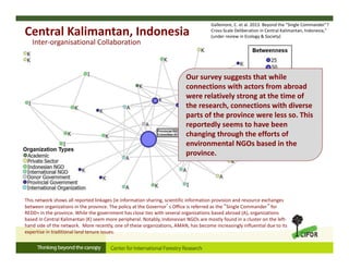Central Kalimantan, Indonesia 
Inter‐organisational Collaboration
This network shows all reported linkages (ie information sharing, scientific information provision and resource exchanges 
between organizations in the province. The policy at the Governor’s Office is referred as the “Single Commander” for 
REDD+ in the province. While the government has close ties with several organizations based abroad (A), organizations 
based in Central Kalimantan (K) seem more peripheral. Notably, Indonesian NGOs are mostly found in a cluster on the left‐
hand side of the network.  More recently, one of these organizations, AMAN, has become increasingly influential due to its 
expertise in traditional land tenure issues.  
Gallemore, C. et al. 2013. Beyond the “Single Commander”? 
Cross‐Scale Deliberation in Central Kalimantan, Indonesia,” 
(under review in Ecology & Society)
Our survey suggests that while 
connections with actors from abroad 
were relatively strong at the time of 
the research, connections with diverse 
parts of the province were less so. This 
reportedly seems to have been 
changing through the efforts of 
environmental NGOs based in the 
province.
 