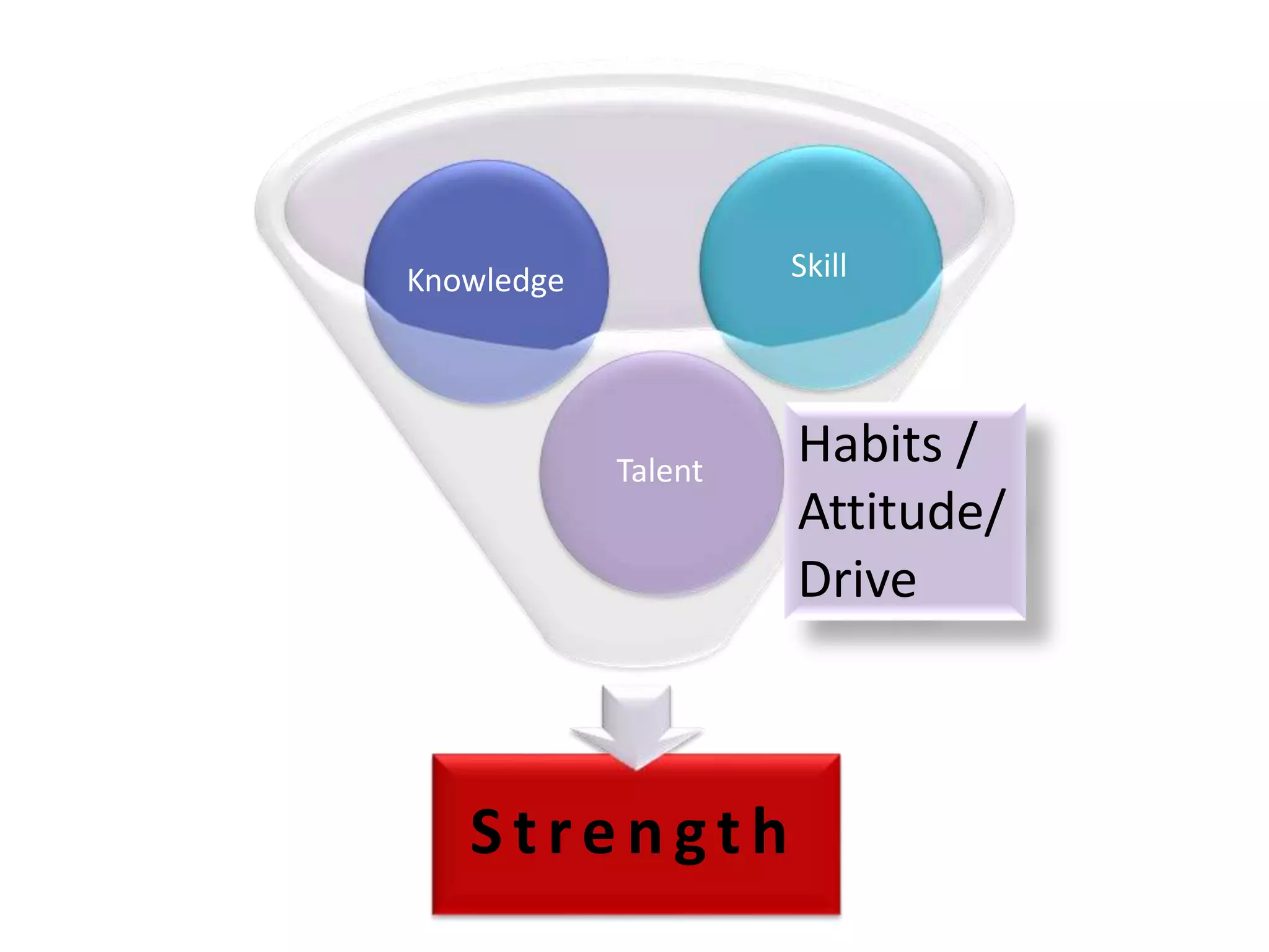 S t re n gt h
Talent
Knowledge Skill
Habits /
Attitude/
Drive
 