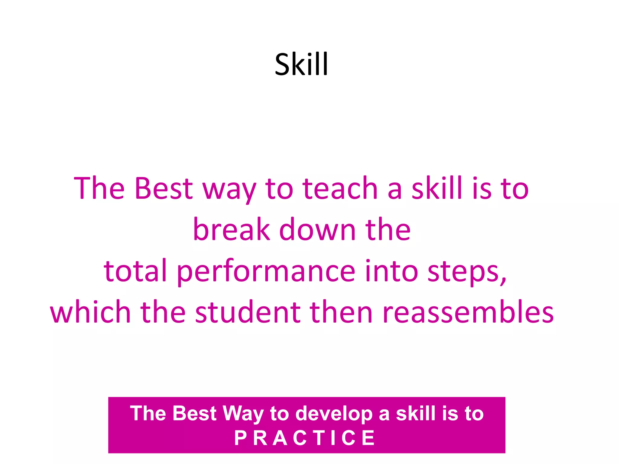 Skill
The Best way to teach a skill is to
break down the
total performance into steps,
which the student then reassembles
The Best Way to develop a skill is to
P R A C T I C E
 
