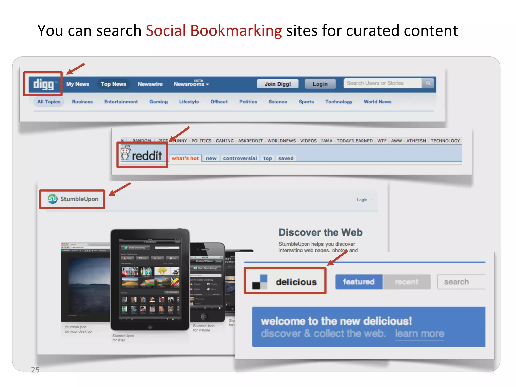 You	
  can	
  search	
  Social	
  Bookmarking	
  sites	
  for	
  curated	
  content	
  




25	
  
 