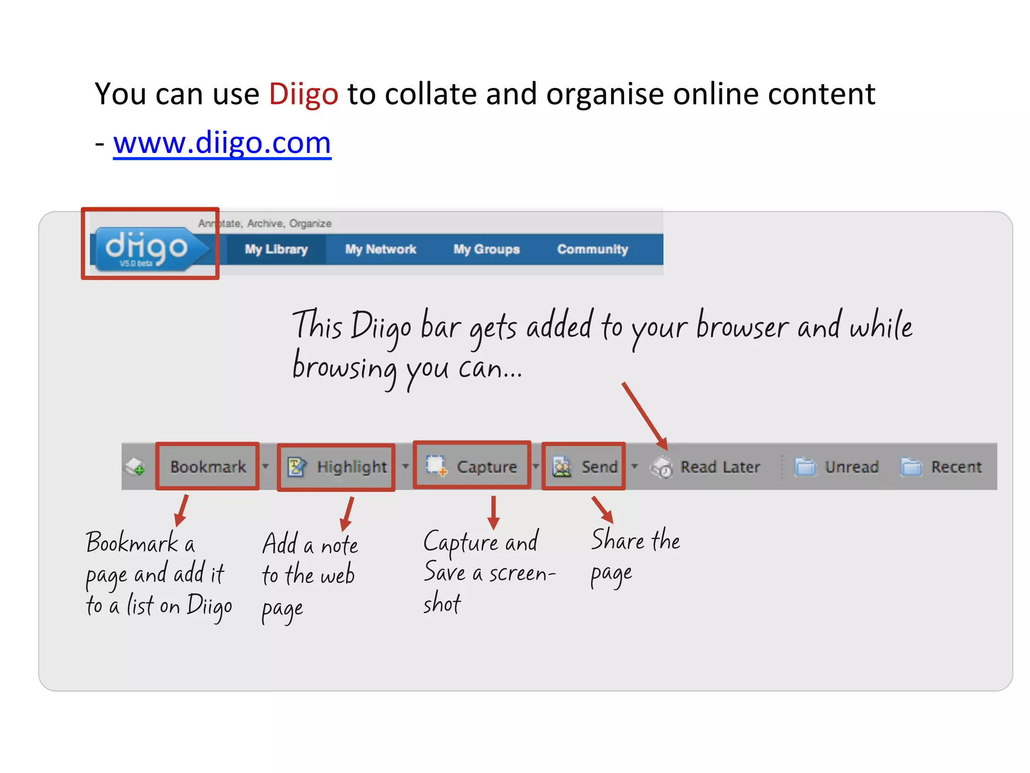 You	
  can	
  use	
  Diigo	
  to	
  collate	
  and	
  organise	
  online	
  content	
  	
  
 -­‐	
  www.diigo.com	
  	
  




                        This Diigo bar gets added to your browser and while
                        browsing you can...




Bookmark a           Add a note       Capture and        Share the
page and add it      to the web       Save a screen-     page
to a list on Diigo   page             shot
 