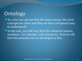 Rushdi Shams, Dept of CSE, KUET, Bangladesh 14
Ontology
So, now you can see that the more you go, the more
concepts are there and they are less conceptual (easy
to understand)
In the end, you will only find the instances (names,
numbers… no concepts, only instances). And we will
find the semantic net we developed at first.
 