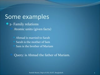 Rushdi Shams, Dept of CSE, KUET, Bangladesh 5
Some examples
2- Family relations
 Atomic units (given facts)
 Ahmad is married to Sarah
 Sarah is the mother of Sam
 Sam is the brother of Mariam
 Query: is Ahmad the father of Mariam.
 