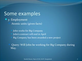 Rushdi Shams, Dept of CSE, KUET, Bangladesh 6
Some examples
3- Employment
 Atomic units (given facts)
 John works for Big Company
 John’s contract will end in April
 Big Company has been awarded a new project
 Query: Will John be working for Big Company during
May.
 