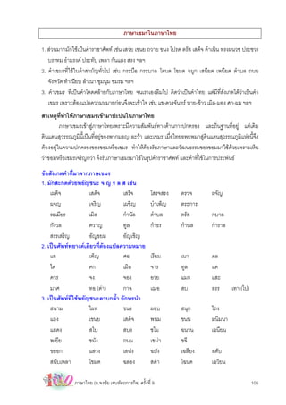 ภาษาเขมรในภาษาไทย

1. สวนมากมักใชเปนคําราชาศัพท เชน เสวย เขนย ถวาย ขนง โปรด ตรัส เสด็จ ดําเนิน ทรงผนวช ประชวร
   บรรทม ธํามรงค ประทับ เพลา กันแสง สรง ฯลฯ
2. คําเขมรที่ใชในคําสามัญทั่วไป เชน กระบือ กระบาล โตนด โขมด จมูก เสนียด เพนียด ตําบล ถนน
   จังหวัด ทําเนียบ ลําเนา ชุมนุม ชมรม ฯลฯ
3. คําเขมร ที่เปนคําโดดคลายกับภาษาไทย จนเราเองลืมไป คิดวาเปนคําไทย แตมีที่สังเกตไดวาเปนคํา
   เขมร เพราะตองแปลความหมายกอนจึงจะเขาใจ เชน แข-ดวงจันทร บาย-ขาว เมิล-มอง ศก-ผม ฯลฯ
สาเหตุที่ทําใหภาษาเขมรเขามาปะปนในภาษาไทย
         ภาษาเขมรเขาสูภาษาไทยเพราะมีความสัมพันธทางดานการปกครอง และถิ่นฐานที่อยู แตเดิม
ดินแดนสุวรรณภูมินี้เปนที่อยูของพวกมอญ ละวา และเขมร เมื่อไทยอพยพมาสูดินแดนสุวรรณภูมิแหงนี้จึง
ตองอยูในความปกครองของขอมหรือเขมร ทําใหตองรับภาษาและวัฒนธรรมของขอมมาใชดวยเพราะเห็น
วาขอมหรือเขมรเจริญกวา จึงรับภาษาเขมรมาใชในรูปคําราชาศัพท และคําที่ใชในการประพันธ

ขอสังเกตคําที่มาจากภาษเขมร
1. มักสะกดดวยพยัญชนะ จ ญ ร ล ส เชน
    เผด็จ             เสด็จ        เสร็จ              โสรจสรง   ตรวจ        ผจัญ
    ผจญ               เจริญ        เผชิญ              บําเพ็ญ   ตระการ
    ระเมียร           เมิล         กํานัล             ตําบล     ตรัส        กบาล
    กังวล             ควาญ         ทูล                กําธร     กํานล       กําราล
    สรรเสริญ          อัญขยม       อัญเชิญ
2. เปนศัพทพยางคเดียวที่ตองแปลความหมาย
    แข                เพ็ญ         ศอ                 เรียม     เนา         ดล
    ได                ศก           เมิล               จาร       ทูล         แด
    ควร               จง           จอง                อวย       แมก         แสะ
    มาศ               ทอ (ดา)     กาจ                เฌอ       สบ          สรร      เทา (ไป)
3. เปนศัพทที่ใชพยัญชนะควบกลํ้า อักษรนํา
    สนาม              ไผท          ขนง               ผอบ        สนุก        ไถง
    แถง               เขนย         เสด็จ             พนม        ขนน         มนิมนา
    แสดง              สไบ          สบง               ชไม        ฉนวน        เฉนียน
    พเยีย             ขมัง         ถนน               เขมา      ขจี
    ขยอก              แสวง         เสนง             ฉบัง       เฉลียง      สดับ
    สนับเพลา          โขมด         ฉลอง              สดํา       โฉนด        เฉวียน

              ภาษาไทย (อ.จงชัย เจนหัตถการกิจ) ครั้งที่ 9                                        105
 